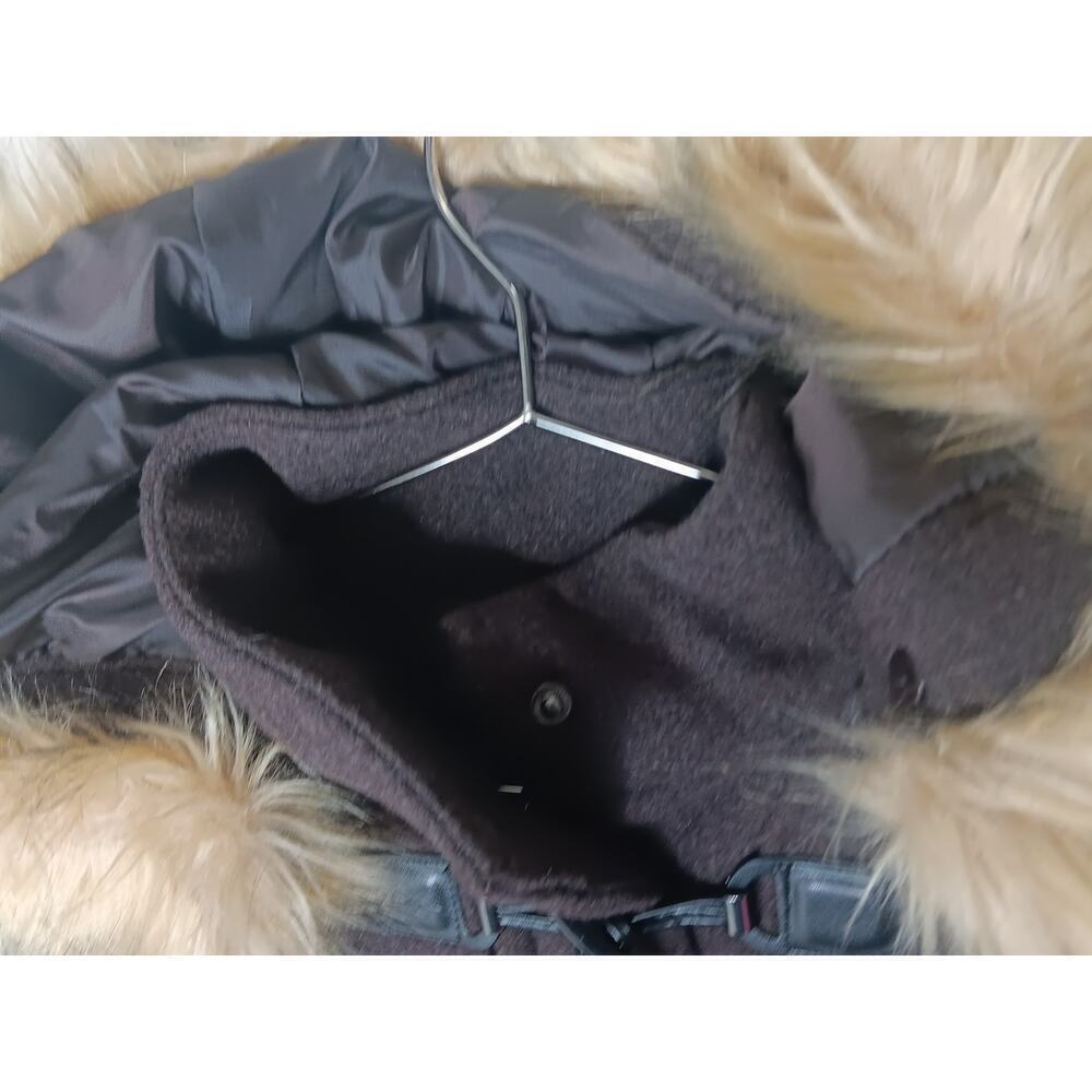New Coffee Shop Wool Duffle Trench Coat Faux Fur Trimmed Hood XS Brown - Picture 7 of 14